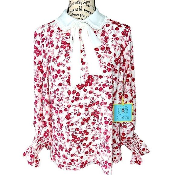 CeCe Ditsy Floral Blouse in White and Blush - Picture 1 of 12